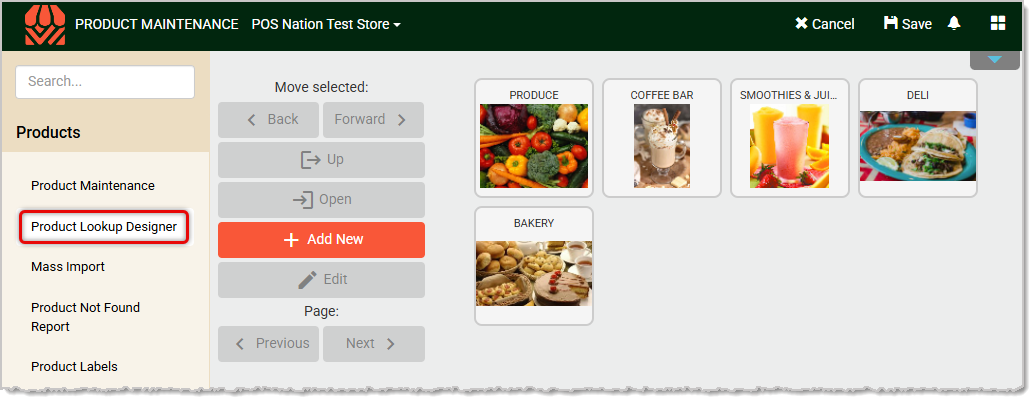 Image showing the Product Lookup Designer setup page in the Products menu of the system's Back End.