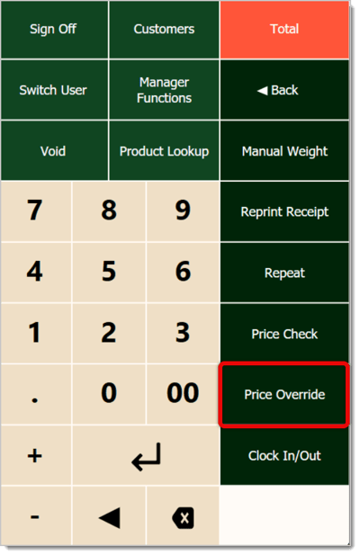 Image of the right-hand panel in the POS, with the Price Override button highlighted.
