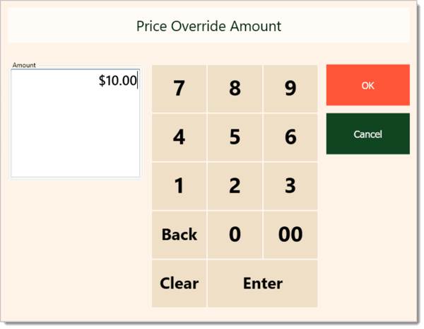 Image of the Price Override Amount window with a keypad.