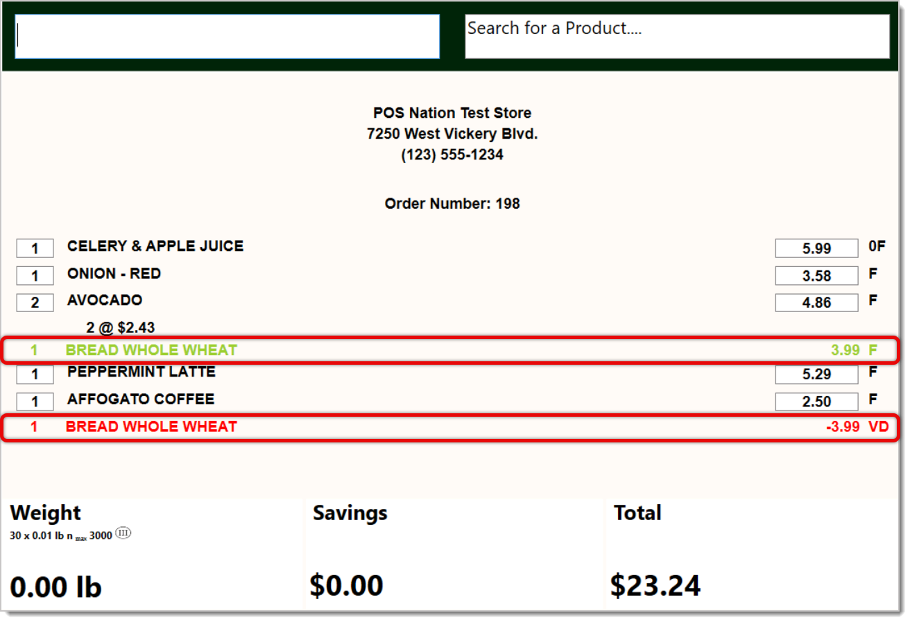 Image of a transaction on the Front End. In this image, the Bread Whole Wheat item and it being voided in another line item are highlighted.