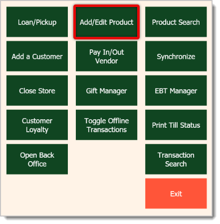 Image showing the Add/Edit Product function in the Manager Functions window in the  system's Front End.
