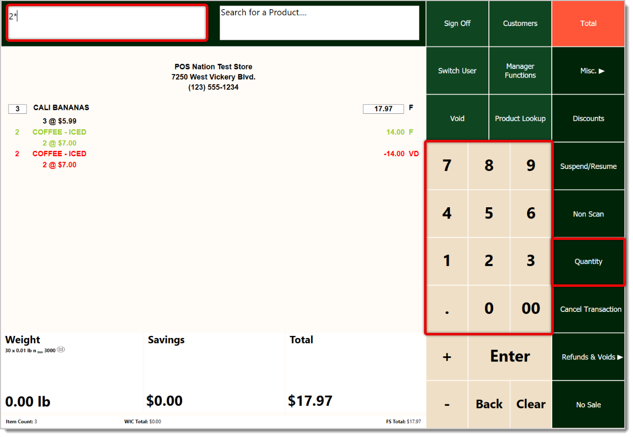 Image showing how to set a Quantity before scanning an item into the  system's Front End.