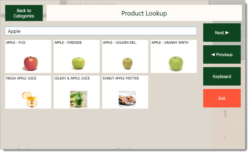Image showing search results in the Product Lookup window in the  system's Front End.