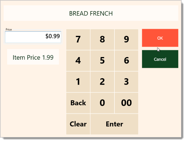 Image showing the manual adjustment of an item's Price in the  system's Front End.