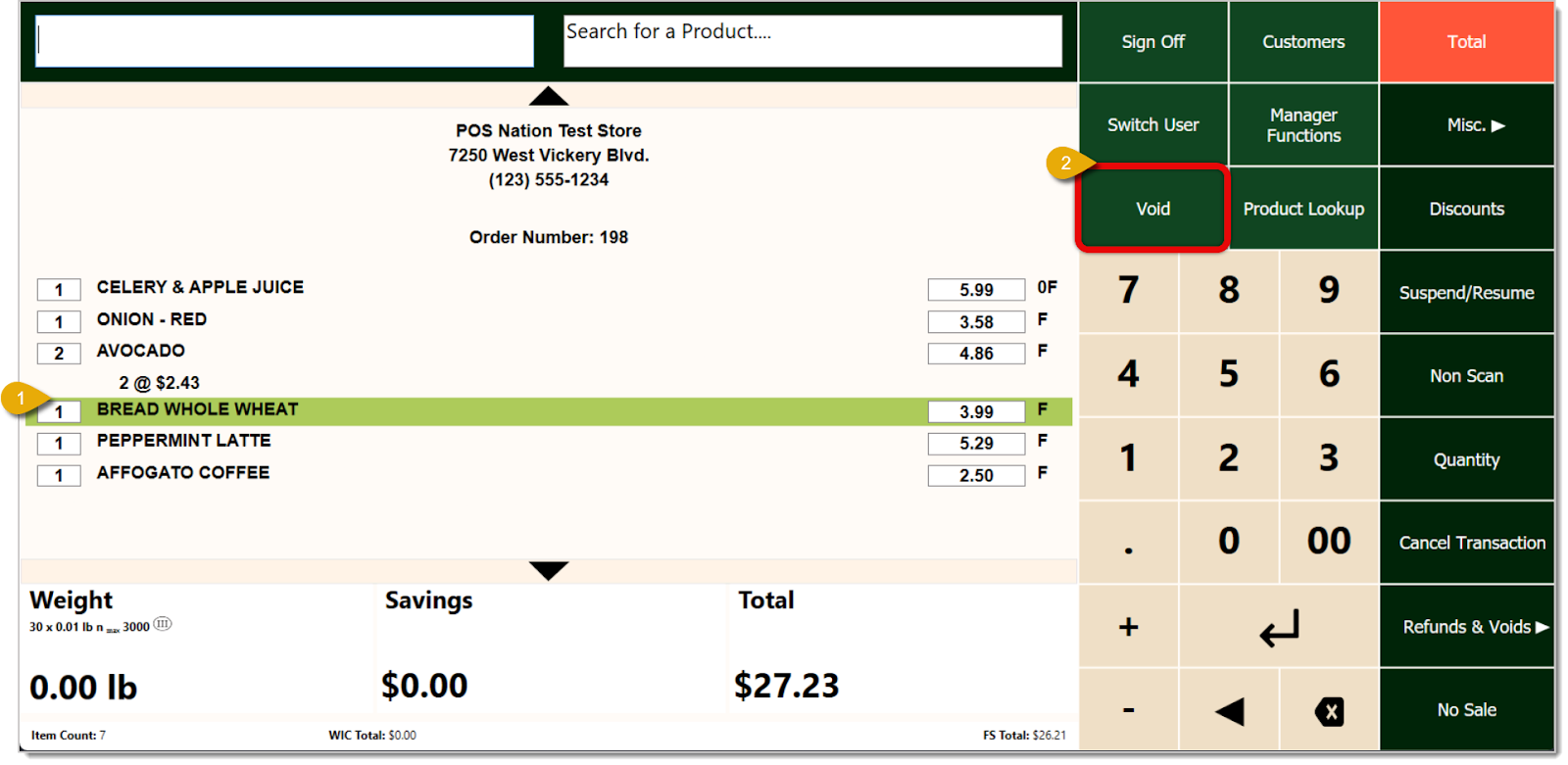 Image showing the steps to Void an item in the  system's Front End.