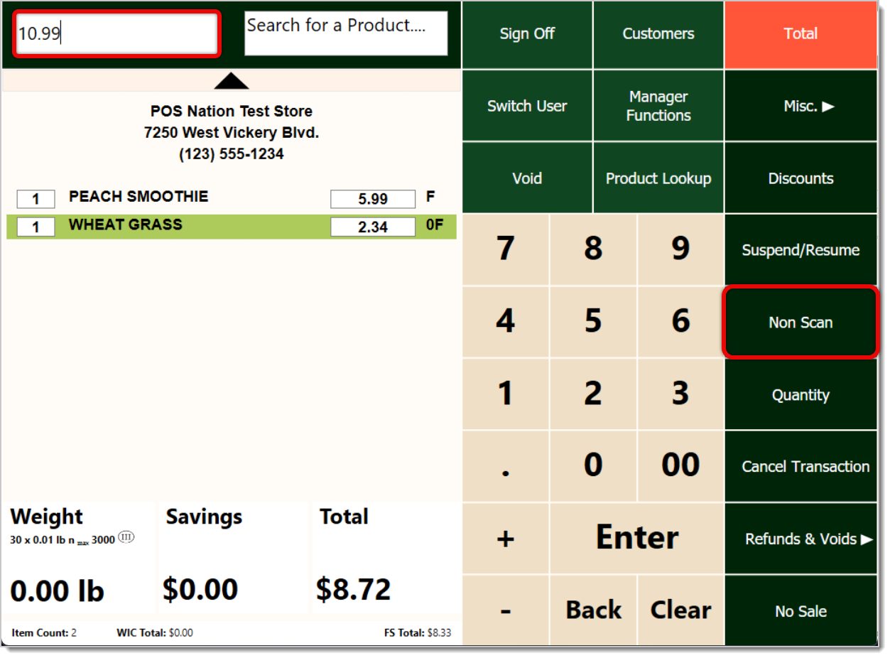 Image showing a transaction in the Front End with the Non-Scan and Price Entry areas highlighted.