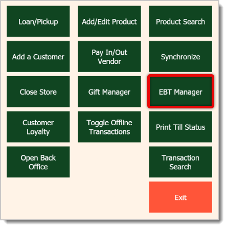 Image of the Manager Options menu, with the EBT Manager button highlighted.