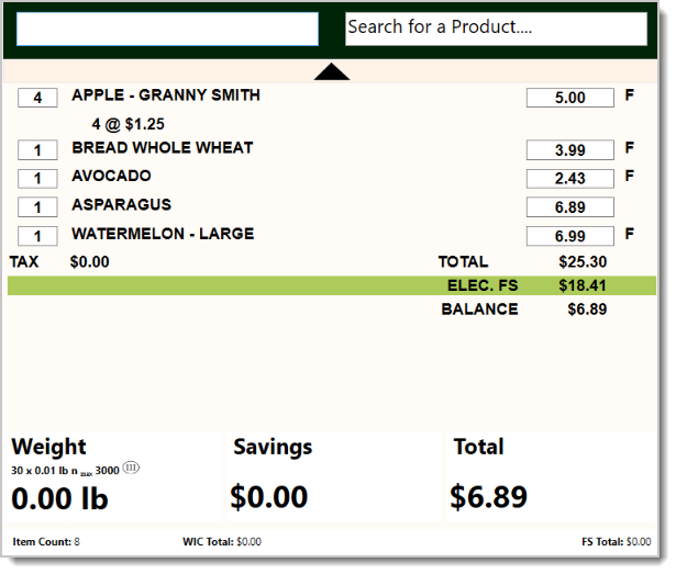 Image of an example EBT transaction, showing a leftover balance from non-EBT items.