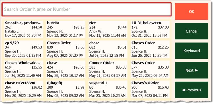 Image showing the Resume Transaction window of the system's Front End.