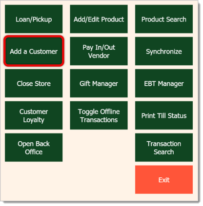 Image showing the Add a Customer feature of the Manager Functions of the Front End.