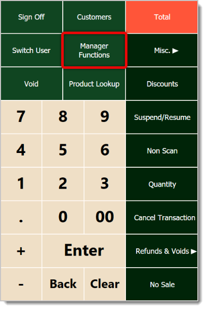 Image of the POS right-side panel, with Manager Functions highlighted.