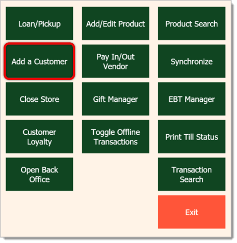 Image of the Manager Functions window, with Add a Customer highlighted.