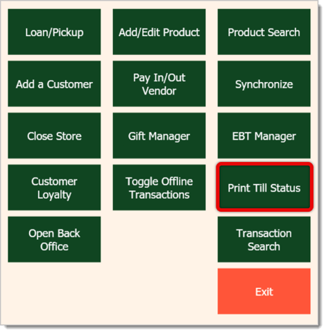 Image of the Manager Functions window, with Print Till Status highlighted.
